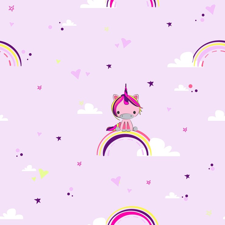 Vetor bebê unicórnio rosa com arco-íris ahd corações padrão perfeito para parede do quarto de crianças do berçário