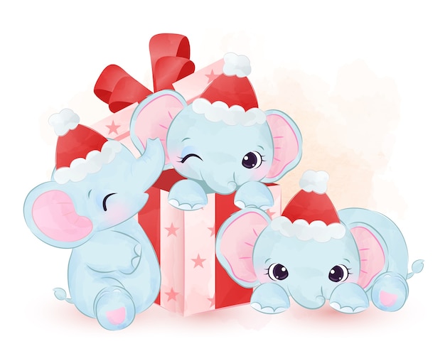 Bebês elefantes brincando com uma caixa de presente