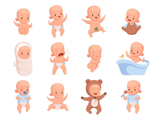 Bebés recém-nascidos. as crianças infantis a dormir sorriem personagens pequenos fofinhos ilustrações vetoriais de hoje em dia. bebês e recém-nascidos, criança sorrindo