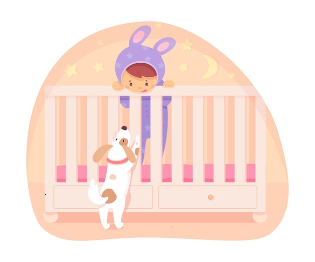 Bebezinho de macacão com orelhas de lebre longas e fofas em pé na cama e brincando com um cachorrinho curioso e engraçado Feliz menino ou menina recém-nascido no berço
