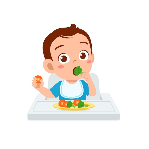Vetor bebezinho fofo comendo frutas e vegetais