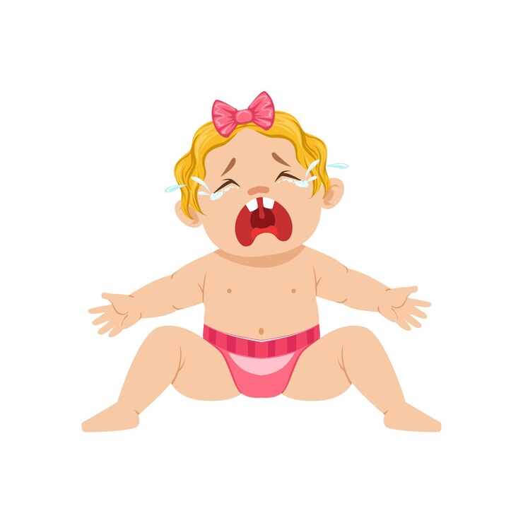 Vetor bebezinho sentado na fralda chorando hetericamente com os olhos cheios de ilustração dos desenhos animados