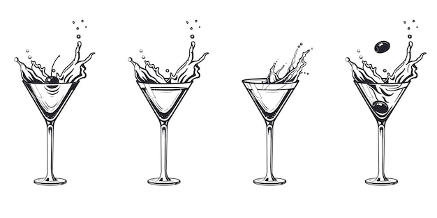 Bebida alcoólica da gravura do copo de coquetel respingo. mão-extraídas estilo vintage ilustração preto e branco. sketch art.