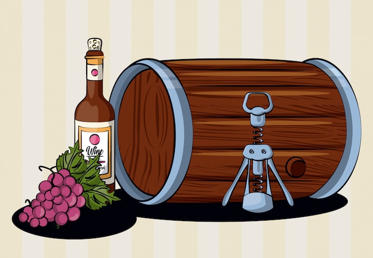 Vetor bebida de barril de vinho com garrafa e uvas vector design ilustração