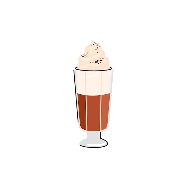 Bebida de café com chantilly em ilustração vetorial plana de vidro alto isolada