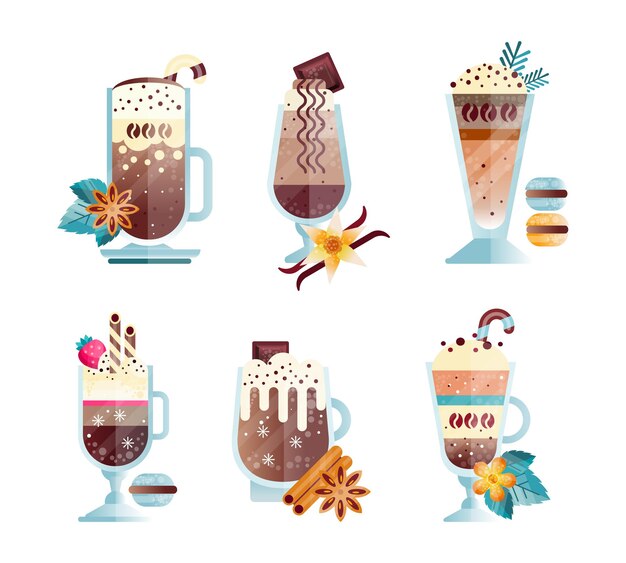 Bebida de café gelado misturada com especiarias e creme de leite derramado em um conjunto de vetores de vidro