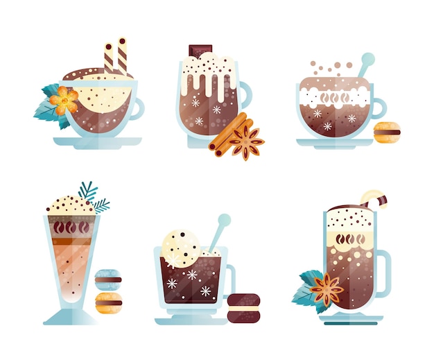 Bebida de café gelado misturada com especiarias e creme de leite derramado em um conjunto de vetores de vidro