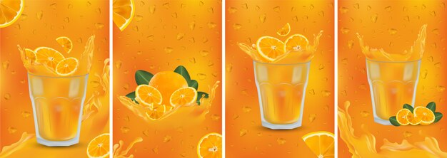 Bebida de laranja. respingo de laranja fresco com frutas. suco de frutas 3d realista. laranja cortada com folhas verdes. definir ilustração.