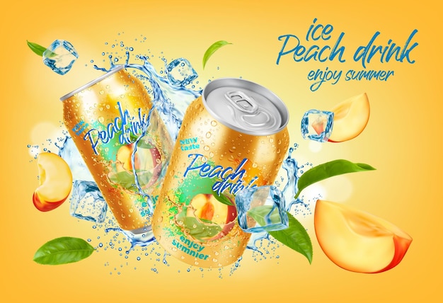 Bebida de pêssego gelado lata de água de pêssegos de frutas de turbilhão salpico folhas de chá e cubos de gelo mistura refrescante vector banner promocional com bebida e gelo deliciosa mistura de sabores e texturas para um dia quente de verão