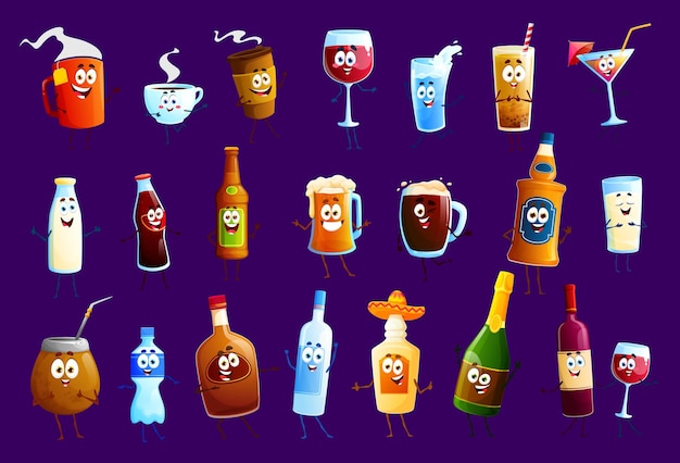 Vetor bebida feliz e copo ou garrafa de personagens de bebidas