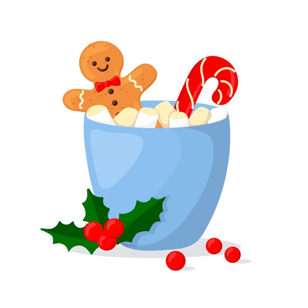Bebida quente de natal com marshmallows e biscoitos. ilustração do estilo dos desenhos animados.