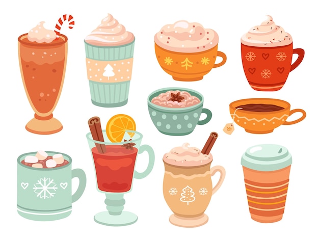 Bebidas de férias de inverno. vinho quente, cacau quente, café com chantilly. conjunto isolado de vetor de marshmallow de chocolate e chá de xícara de natal quente isolado. bebida de cacau de natal, caneca de café para ilustração de inverno