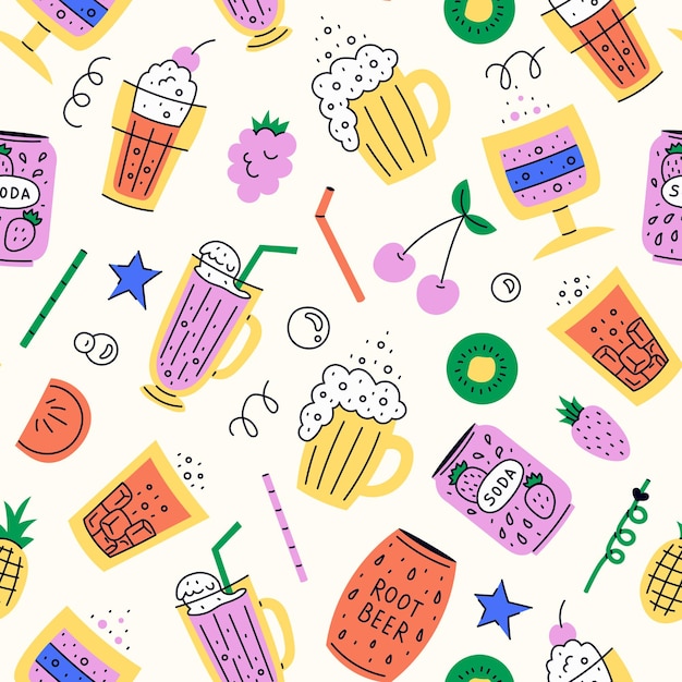 Bebidas gaseificadas retrô Padrão sem costura Gelas de refrigerante e bebidas carbonatadas copos e copos frutas de palha