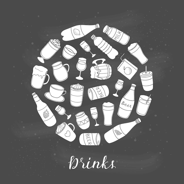Bebidas líquidas desenhadas à mão em círculo