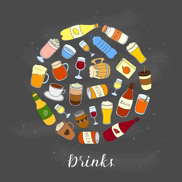 Bebidas líquidas desenhadas à mão em círculo