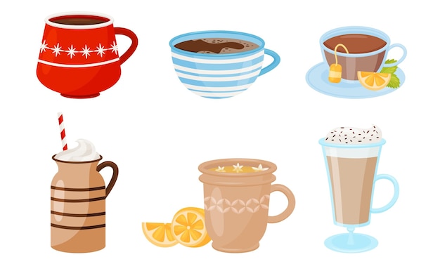 Bebidas quentes de inverno com nata batida e marshmallows conjunto vetorial