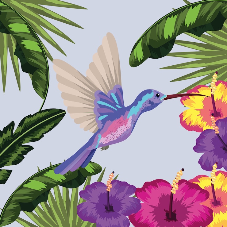 Vetor beija-flor com flor e folhas de plantas de fundo