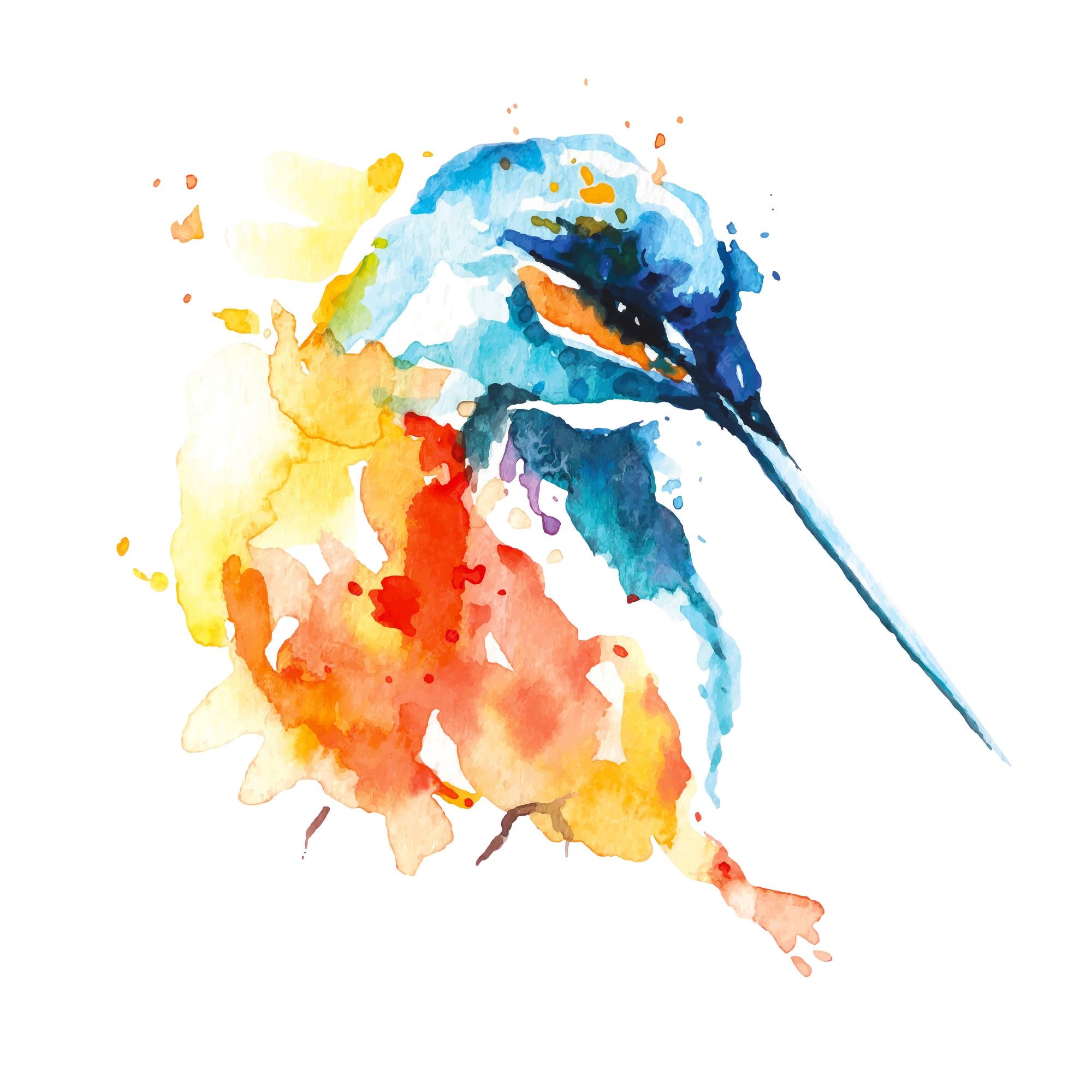 Beija-flor pintado em aquarela. pássaro de estilo abstrato e fantasia.  animais pintados em aquarela.