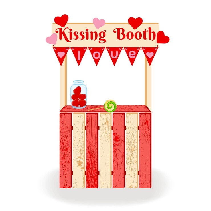 Vetor beijando os dois. cabine de beijos de madeira decorada com símbolos de amor e uma guirlanda com bandeiras.