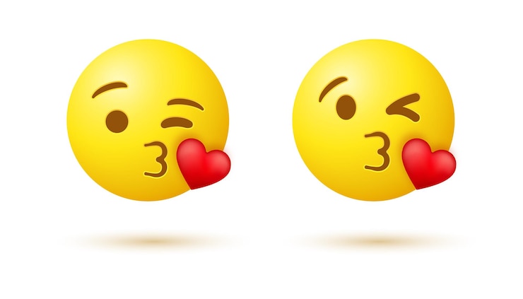 Vetor beijar o rosto do emoji com o olho piscando e o coração vermelho ou o emoticon 3d mandando um beijo