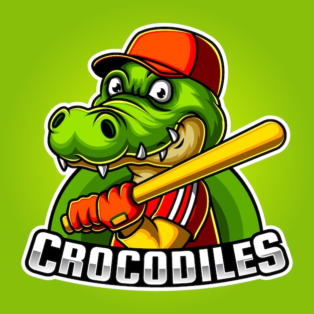 Vetor beisebol crocodilo mascote e esporte design de logotipo