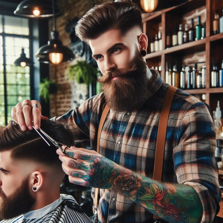 Vetor bela barbeira hipster no salão de cabeleireiro.