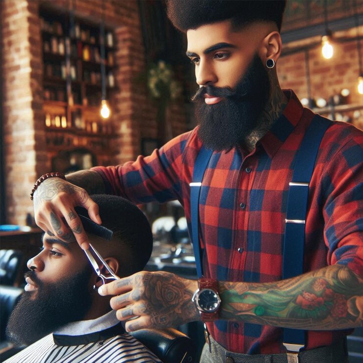 Vetor bela barbeira hipster no salão de cabeleireiro.
