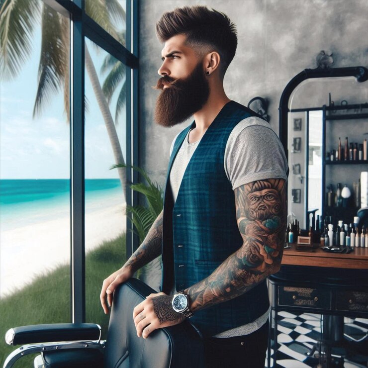 Vetor bela barbeira hipster no salão de cabeleireiro.