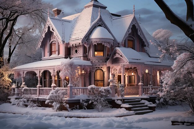 Bela casa de inverno e árvore de natal na montanha
