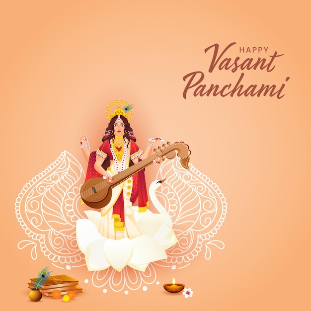 Bela deusa Saraswati escultura com religião oferecendo e linha arte floral para feliz Vasant Panchami.