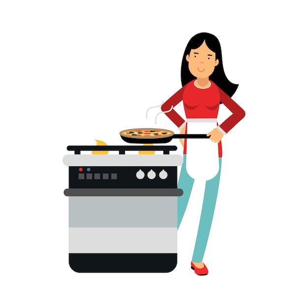 Bela dona de casa jovem morena cozinhando na cozinha, ilustração vetorial em um fundo branco.