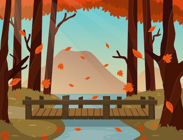 Vetor bela floresta com outono folhas caídas belas pontes e montanhas
