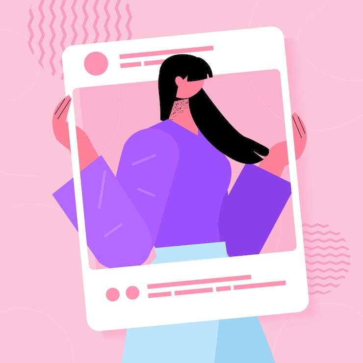 Vetor bela foto de mulher blogueira garota de rede social fazendo postagem para seguidores ilustração em vetor retrato vício em mídia social
