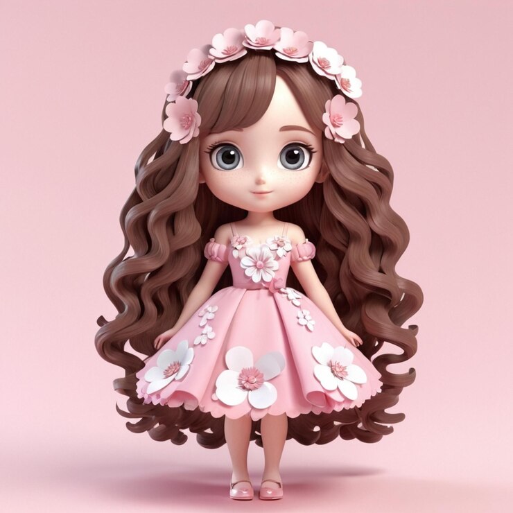 Vetor bela garota de anime com cabelos longos em cachos e decorada com flores e vestido rosa