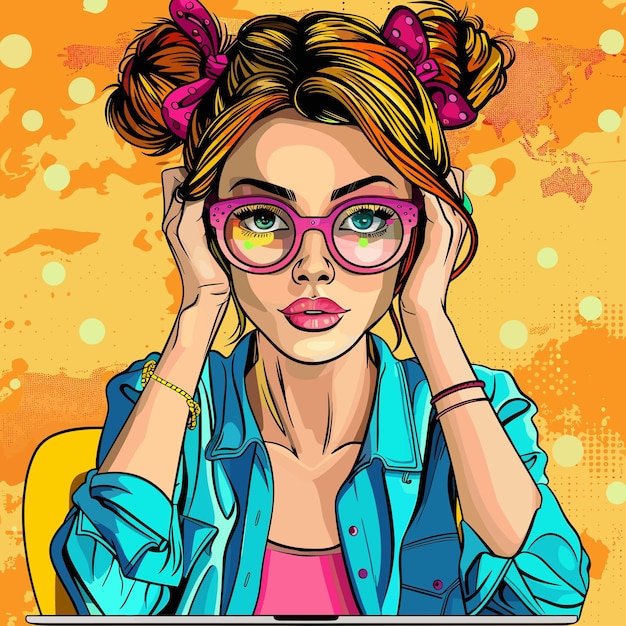 Vetor bela garota de óculos pop art retro ilustração vetorial imitação de estilo de quadrinhos