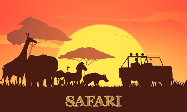 Bela ilustração de safári africano ao pôr do sol com girafa elefante zebra acácias e silhuetas de jipe