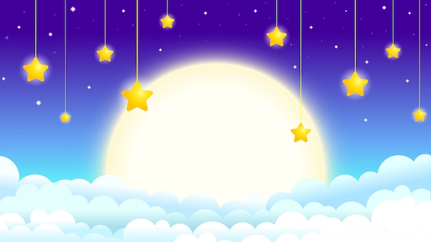 Bela ilustração do céu noturno com a lua e as estrelas, a lua nas nuvens com estrelas de enforcamento