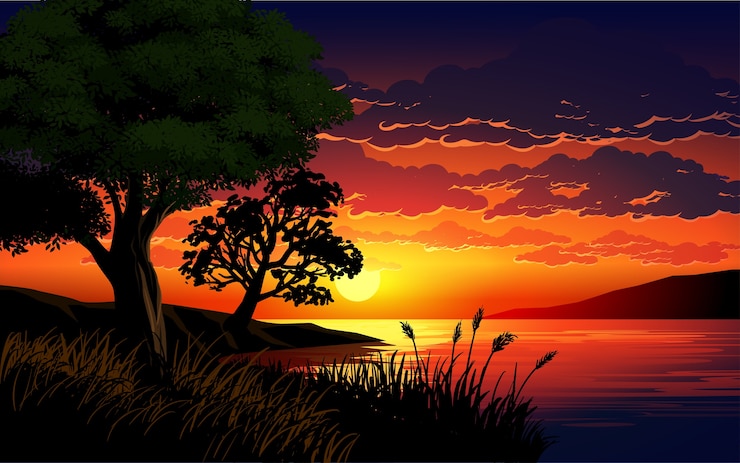 Bela ilustração do pôr do sol em um lago com árvores e grama
