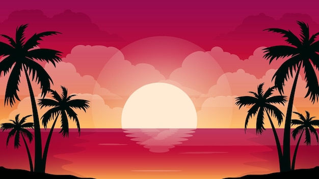 Bela ilustração vetorial de paisagem de palmeira de praia por do sol