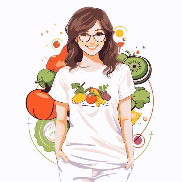 Vetor bela jovem com frutas e legumes ilustração vetorial em estilo de desenho animado