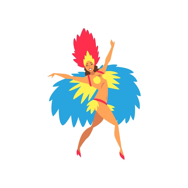 Bela jovem em traje colorido de festival brilhante dançando samba dançarina de carnaval brasileira festival do rio de janeiro ilustração vetorial em fundo branco