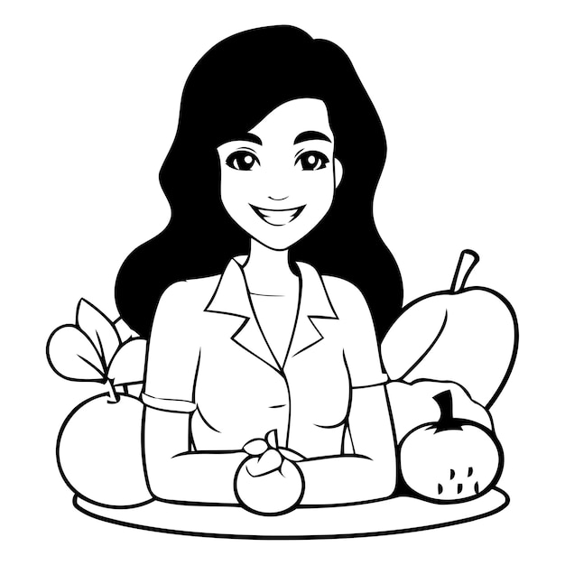 Vetor bela jovem nutricionista com frutas frescas ilustração vetorial