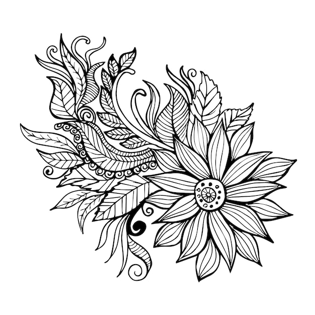 Vetor bela mão desenhada elemento floral preto e branco