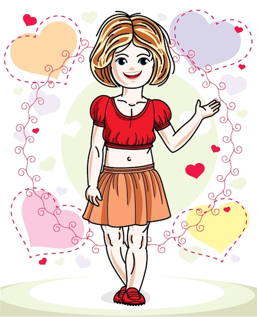 Vetor bela menina ruiva vestindo roupas casuais e de pé em um fundo colorido com corações amorosos. ilustração humana vetorial.