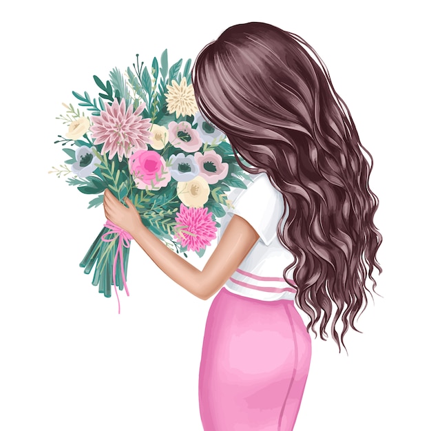 Bela morena com um buquê de flores. ilustração de moda.