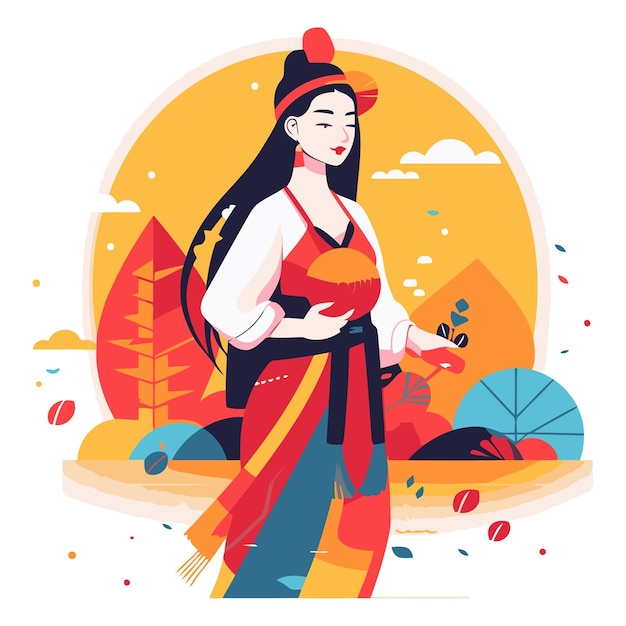 Vetor bela mulher asiática com roupas tradicionais japonesas.