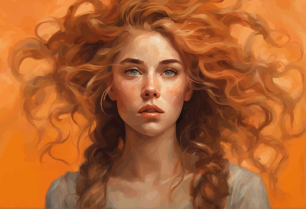 Vetor bela mulher de cabelos vermelhos com cabelos encaracolados e coroa dourada pintura digital bela mulher de cabelo vermelho w