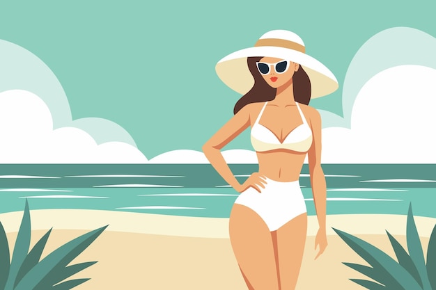 Bela mulher de fato de banho e chapéu na praia Férias de verão e conceito de viagem