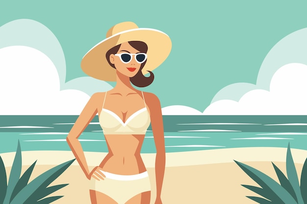 Bela mulher de fato de banho e chapéu na praia Férias de verão