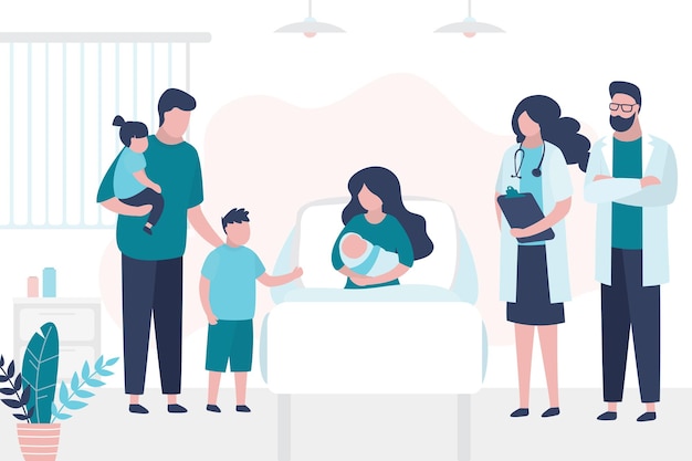 Bela mulher deitada na cama e segurando o recém-nascido paciente com médicos de família quarto no centro perinatal